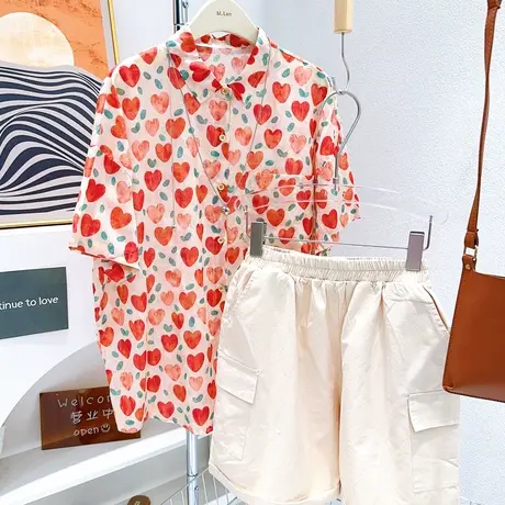 微胖显瘦夏季款日系文艺小清新ins爱心棉麻花衬衫短袖衬衣多巴胺图片