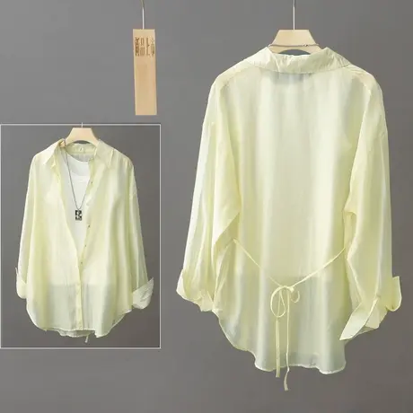 浅黄色微透防晒衫外套女中长款宽松百搭防晒衣轻薄款透气衬衫开衫商品大图