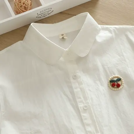 春秋日系文艺小清新贴布刺绣纯棉长袖白色衬衫女学生百搭打底上衣图片