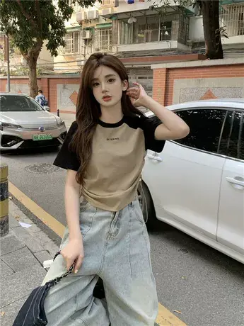 短袖T恤女夏季正肩美式撞色收腰抽绳设计感小众修身短款辣妹上衣商品大图
