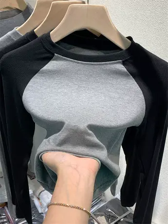 欧货长袖t恤女2021秋装新款拼接撞色设计感短款上衣打底衫女内搭商品大图