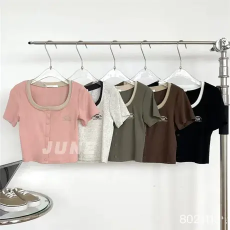 ins超火纯欲bm风高腰短款T恤女撞色美式甜妹性感短袖上衣小衫夏季图片