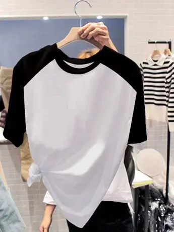 潮牌卡通印花撞色短袖t恤女2023新款拼色显瘦设计感小众正肩上衣商品大图