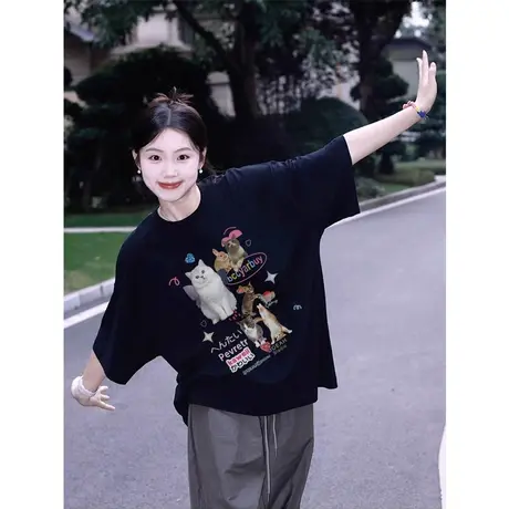 纯棉美式复古设计感猫咪短袖t恤女夏季新款小众宽松港风半袖上衣商品大图