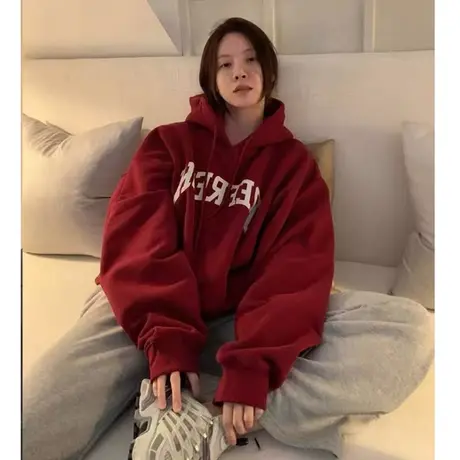 大码卫衣女美式复古秋冬加绒加厚连帽宽松慵懒风oversize潮牌外套商品大图