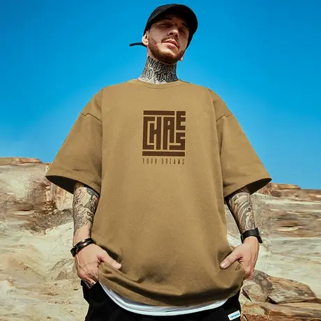 300g重磅加肥加大胖子短袖t恤街头大码卡其色圆领纯棉简约半袖男图片