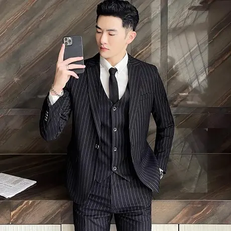 春夏西装套装男韩版青年潮流条纹新郎伴郎婚礼礼服修身西服三件套商品大图
