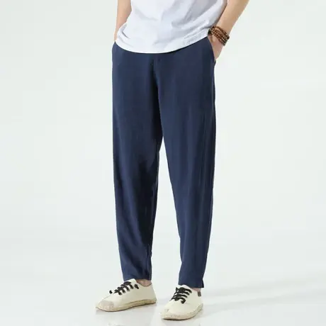 春夏男士休闲裤中国风棉麻复古加肥加大码拼接男装裤子亚麻长裤胖图片