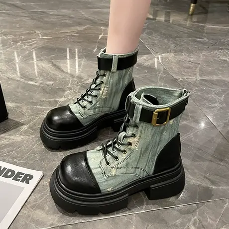 马丁靴女2023年夏季新款做旧厚底牛仔布机车透气薄款工装短筒靴子图片