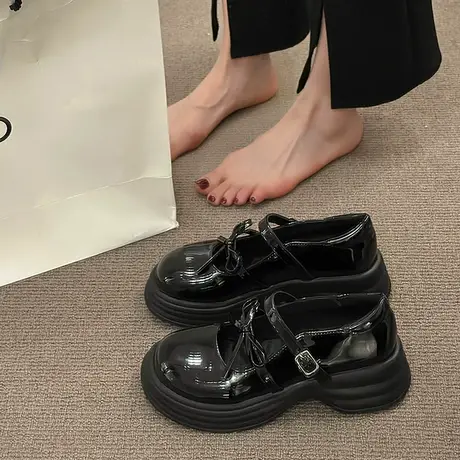 玛丽珍鞋女夏季2023年新款蝴蝶结浅口粗跟单鞋法式小众复古小皮鞋商品大图