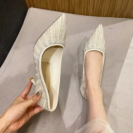 高跟鞋女2023春秋新款尖头细跟伴娘鞋礼服婚鞋珍珠水钻气质单鞋女图片