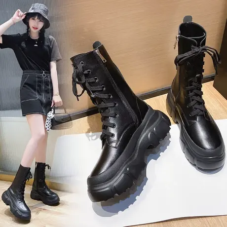 2023秋季新款百搭厚底马丁靴女绑带厚底帅气机车靴小个子中筒靴潮图片