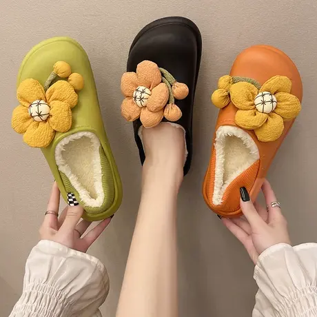 甜美花朵女棉拖鞋大头防水秋冬季室内居家加绒保暖外穿包跟棉鞋子商品大图