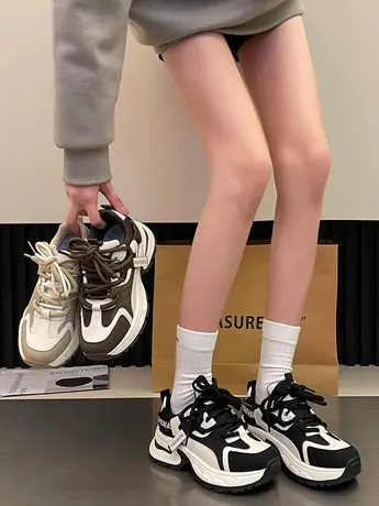 欧洲站老爹鞋女2024新款春季显脚小增高厚底拼色系带运动休闲女鞋图片