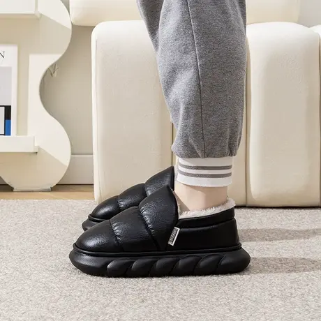 pu皮面防水棉拖鞋男士冬季防滑外穿加绒保暖室内家居厚底包跟棉鞋图片