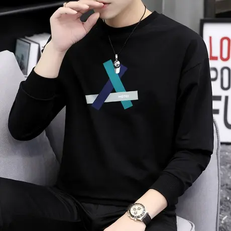 无帽卫衣男士外套潮牌圆领黑色套头上衣男生秋季长袖t恤潮流百搭商品大图