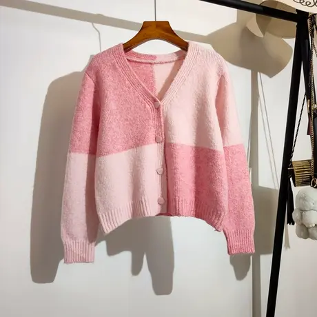 短款毛衣开衫外套女春秋新款韩版撞色格子时尚洋气软糯针织衫上衣商品大图