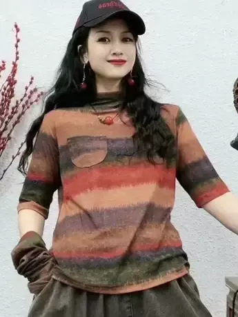 夏季新款复古文艺半高领扎染渐变五分袖上衣宽松大码百搭T恤女潮商品大图