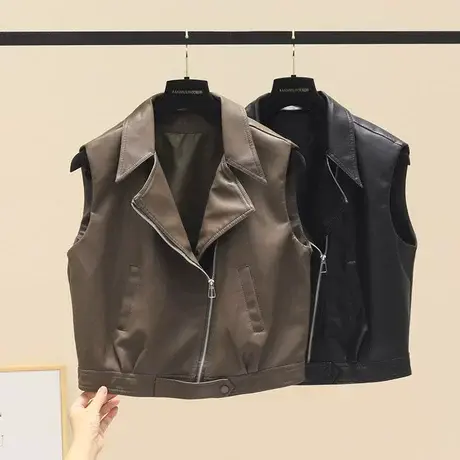 2023早秋新品复古短款纯色西装领无袖机车马甲显瘦短款拉链坎肩商品大图