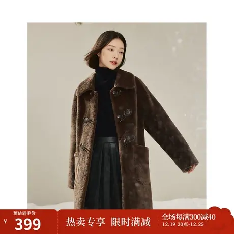 茵曼牛角扣仿羊羔绒外套2023冬季女装新款复古连帽宽松保暖上衣商品大图