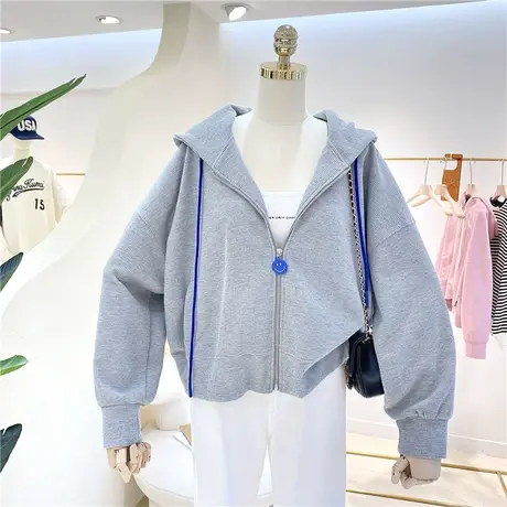 卫衣女春秋薄款2021新款韩版ins潮笑脸BF风宽松大码短款连帽外套图片
