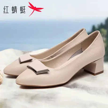 红蜻蜓女鞋2025夏季新品中跟粗跟仙女风百搭尖头真皮女士高跟鞋女商品大图