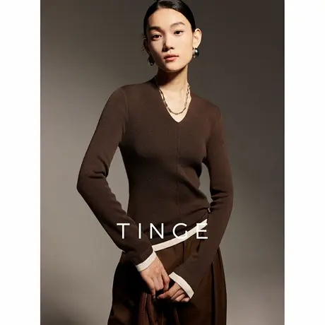 TINGE贴己V领撞色假两件羊毛衫女新款气质内搭针织打底衫长袖上衣图片