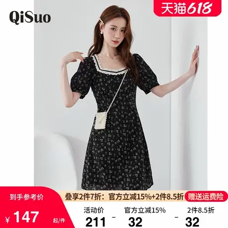 绮娑显瘦胖MM连衣裙2025夏季新款大码女装方领收腰棉麻碎花A字裙图片