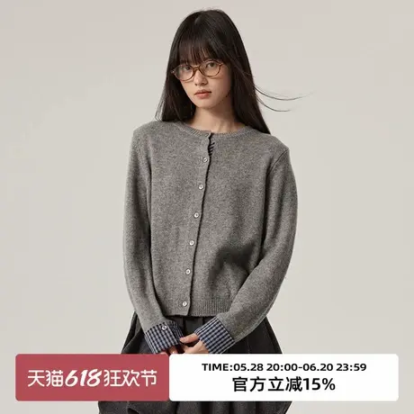 omont蛋挞家100%羊毛撞色格纹针织开衫冬圆领假两件针织毛衣商品大图