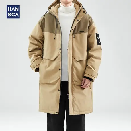 hansca冬季中长款羽绒服男士2024新款撞色大口袋防寒保暖休闲外套商品大图