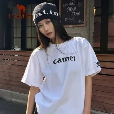 骆驼夏日T恤女冰感复古潮牌原创圆领休闲宽松白色上衣运动短袖男商品大图