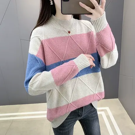 秋季条纹撞色套头女毛衣半高领2023新款韩版宽松流行百搭女内搭潮商品大图