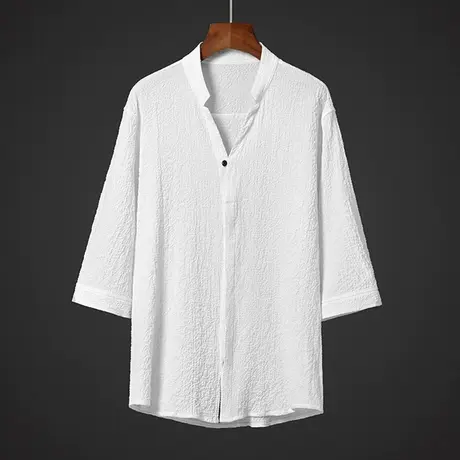 冰丝半袖方领衬衫唐装男中国风夏季薄款宽松T恤青年五分袖居士服图片
