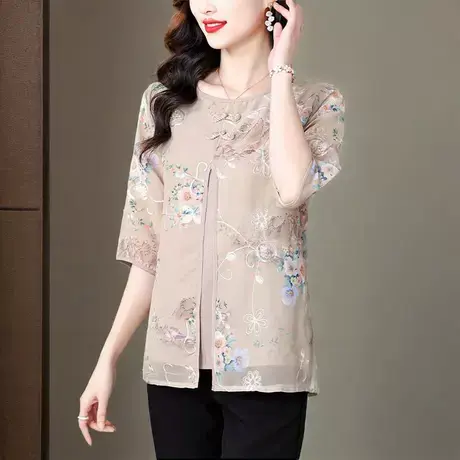 时尚洋气衬衫女2025夏季新款高档绣花宽松遮肚子显瘦假两件妈妈装图片