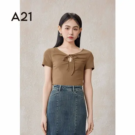 A21女装针织显瘦V领短袖T恤夏季新款设计感时尚百搭纯色短款上衣商品大图