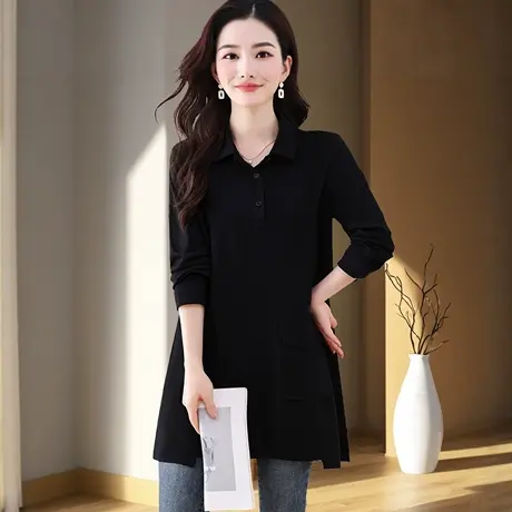 正肩长袖t恤女装新款2025中长款打底衫胖mm大码早秋巨好看的上衣商品大图