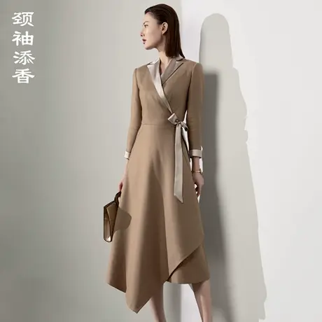 颈袖添香2025秋季新款职业连衣裙女气质时尚撞色不规则绑带裙图片