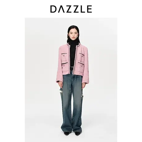DAZZLE地素奥莱23春季新款蓝色复古水洗蓝做旧割破设计宽松牛仔裤图片