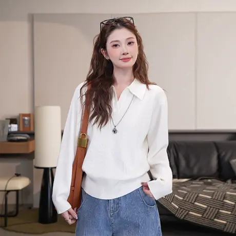 尔给秋季翻领长袖毛衣女白色时尚百搭小众显瘦设计感半开领针织衫商品大图