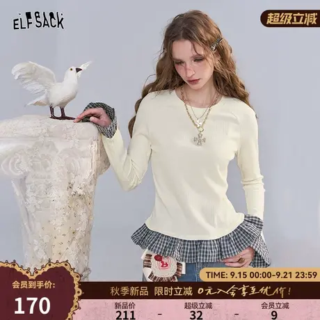 妖精的口袋格子拼接针织衫女2025早秋穿搭新款设计感修身显瘦上衣商品大图