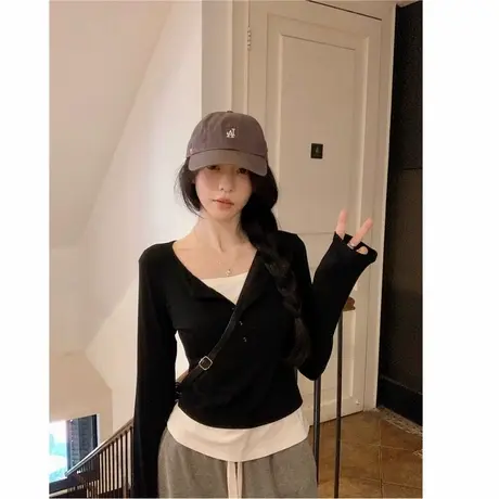 美式正肩假两件长袖t恤早秋2025新款修身内搭打底衫甜辣显瘦上衣商品大图