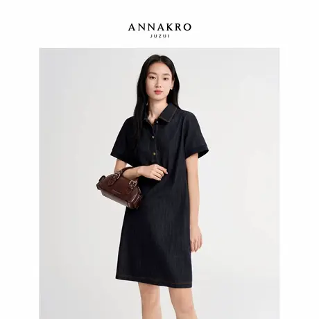 玖姿安娜蔻减龄学院风Polo领H型中长牛仔连衣裙女2026春季新款图片