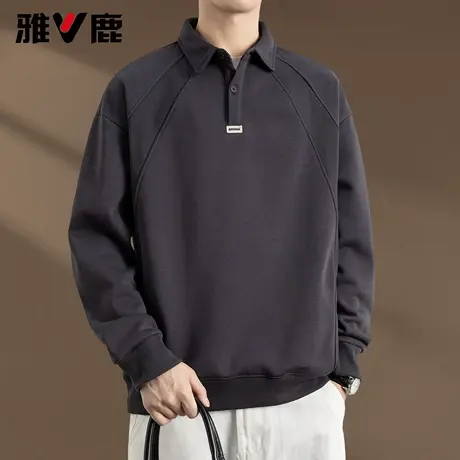 雅鹿翻领宽松潮牌卫衣男2026春季新款青年休闲长袖polo打底衫上衣图片
