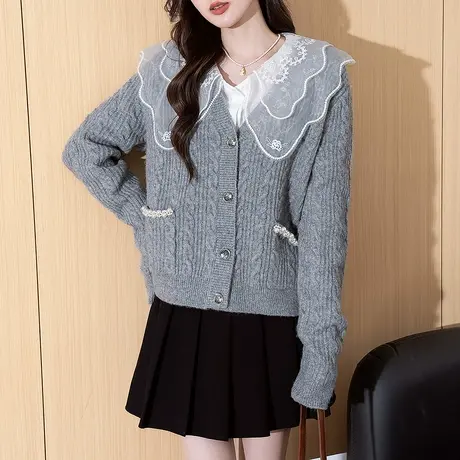 唐狮秋冬新款女毛衣精致风小绞花设计V领开衫超好看慵懒毛线衫tu商品大图