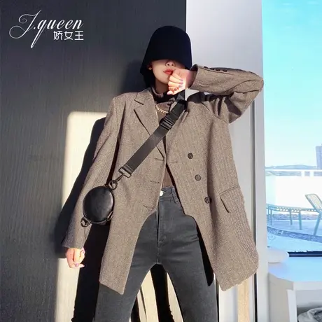 毛呢西装外套女春秋季复古人字纹法式气质绑带收腰洋气呢子西服图片