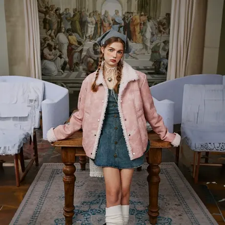 设计感复古扎染PU皮棉服女2023新年款拼接冬季羊羔毛外套宽松棉衣商品大图