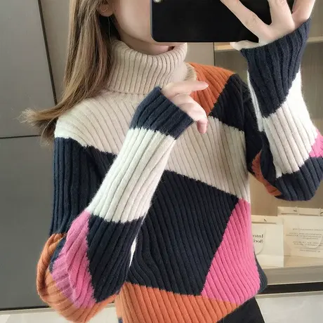 高领套头毛衣女士秋冬季2023新款加厚打底衫洋气拼色针织衫宽松图片