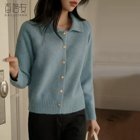 百洛安翻领纯色毛衣外套女外搭2023秋冬新款百搭软糯长袖针织开衫商品大图