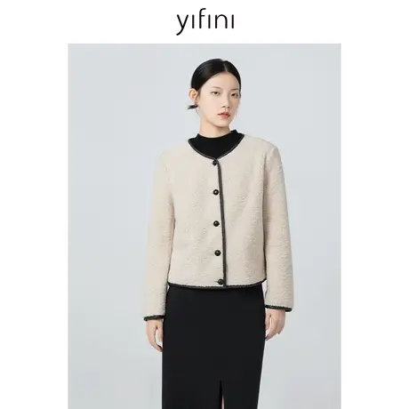 Yifini/易菲保暖宽松短款圆领外套女23秋冬新款百搭精致通勤上衣商品大图