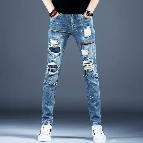 美式高街复古破洞牛仔裤男款小脚修身2023新款秋款乞丐裤子潮流男商品大图